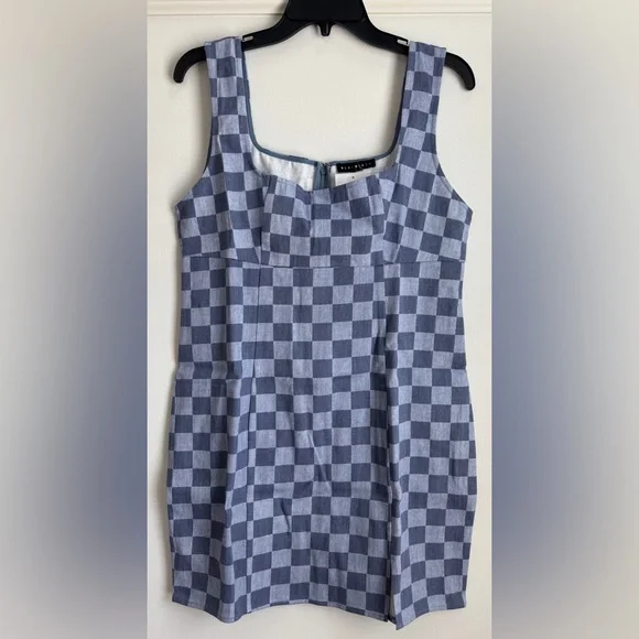NWT Blue Blush Denim Checkered Mini Dress Size Large Square Neckline Sleeveless - Picture 1 of 9